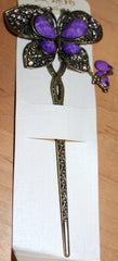 Antique Goldtone & Purple Butterfly Hair Stick Hairstick Pin