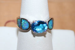 W00302 Silvertone Ring with Blue and Abalone Faux Stones Size 8