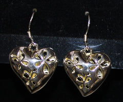 Pretty Silvertone Heart Earrings with Flower Cutouts