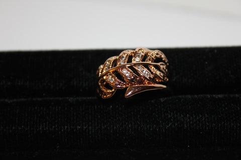 Rose Goldtone Feather Ring with Clear Crystals Size 7