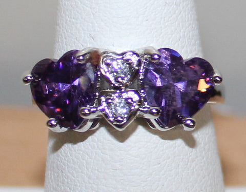 925 Silvertone Ring with Purple and Clear Crystals Size 7