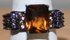 925 Silvertone Ring with Dark Brown Tan and Clear Crystals Size 7