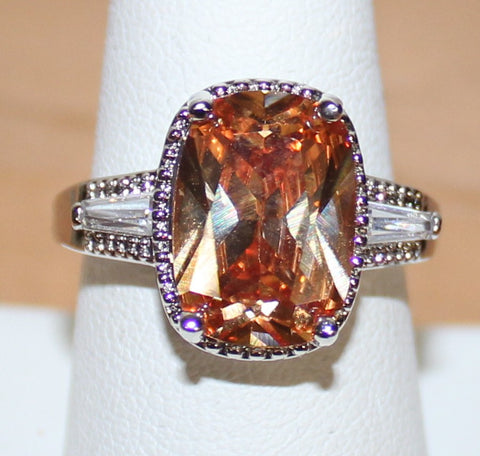 Silvertone Ring with Peach Crystal Size 9