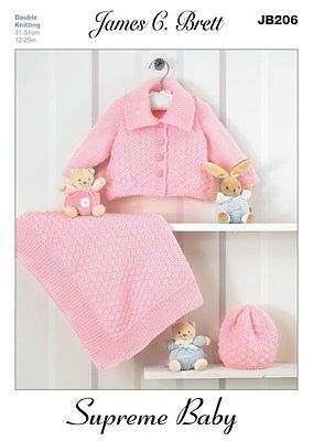James C. Brett Supreme Baby Cardigan Slipover Hat and Scarf Patterns JB035