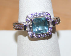 Silvertone Ring with Faux Crystals in Blue & Clear sz 9