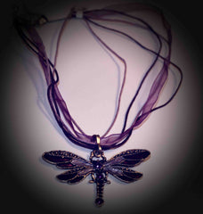 Purple & Silvertone Dragonfly Ribbon Necklace