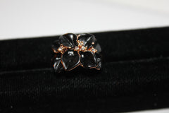 Rose Goldtone Black Flower and Clear Crystal Ring Size 8