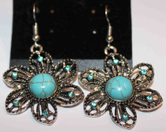 Faux Turquoise and Crystal Floral Pierced Earrings