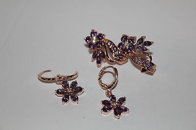 W00373  Two Piece Rose Gold Color and Purple Flower Earring Set