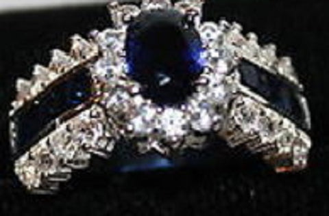 W00353 Silvertone Ring with Navy Blue and Clear Crystals Size 10
