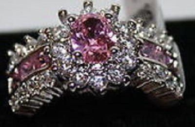 W00369 Silvertone Ring with Pink and Clear Crystals Size 10