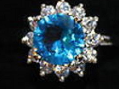 W00300 Silvertone Ring with Blue and Clear Faux Stones Size 8