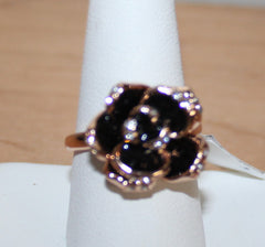Rose Goldtone Black Flower and Clear Crystal Ring Size 9