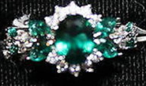 W00312 Silvertone Ring,  Emerald Green  and Clear Faux Stones Accents Size 8