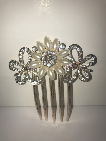 W00402  Gold Rosetone Butterfly and Flower with Faux Pearls and Crystals Hair Comb