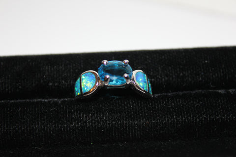 925 Silvertone Ring with Blue and Green Faux opal and Blue Crystal Size 7