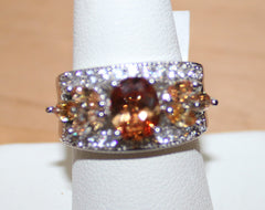 Silvertone Ring with Light and Dark Peach Crystals Size 9