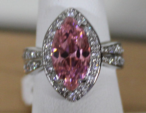 925 Silvertone Ring with Pink Marquise and Clear Crystals Size 7