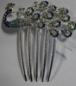 Silvertone Blue and Clear Crystal Peacock Hair Comb
