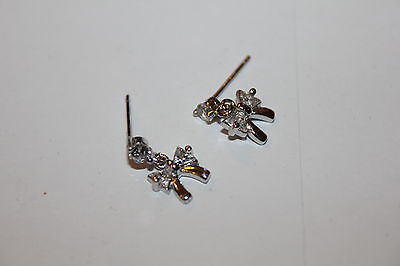 Silvertone Bow Stud Drop Earrings with Clear Crystals