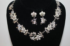 Silvertone Special Occasion Faux White Pearl with Clear Crystal Necklace