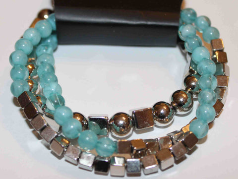Light Blue & Silvertone Beaded Elastic Bracelet