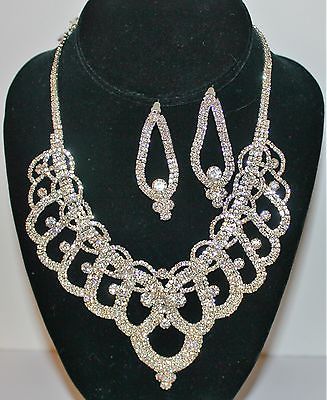 Silvertone Special Occasion Necklace and Earring Set with Clear Crystals