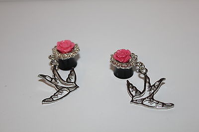 W00372 Dove and Rose Ear Plug Pink Silvertone Black