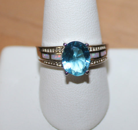 925 Silvertone Ring with Faux Opal and Blue Clear Crystal Size 10