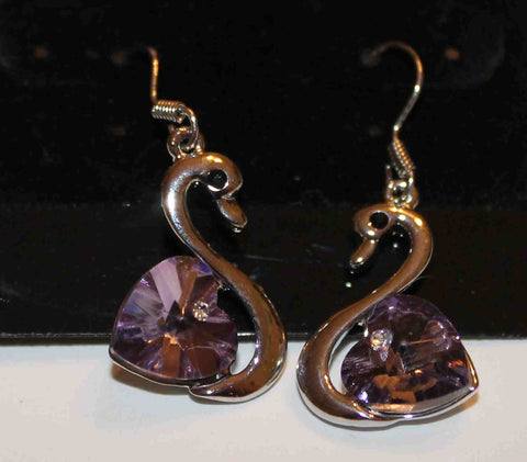 Cute Purple & Silvertone Swan Earrings